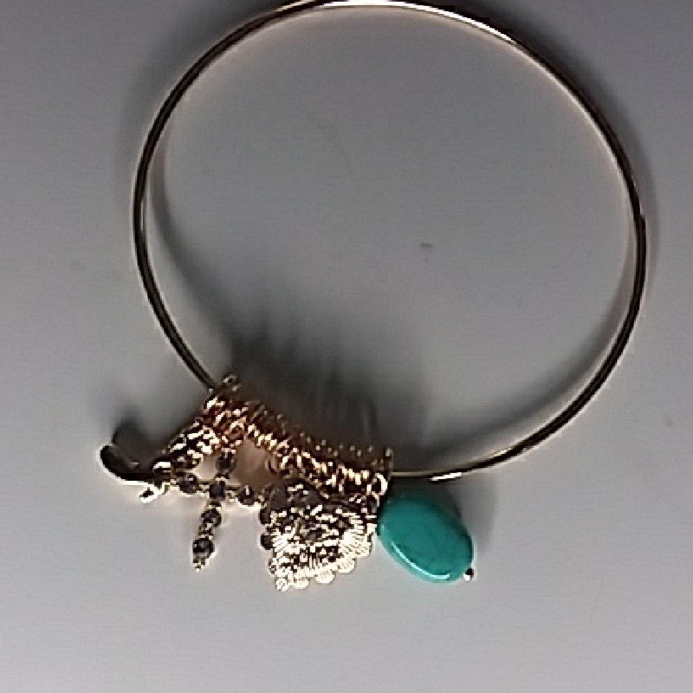 Gold-Tone Bangle Bracelet with Turquoise Stone and Charm Cluster